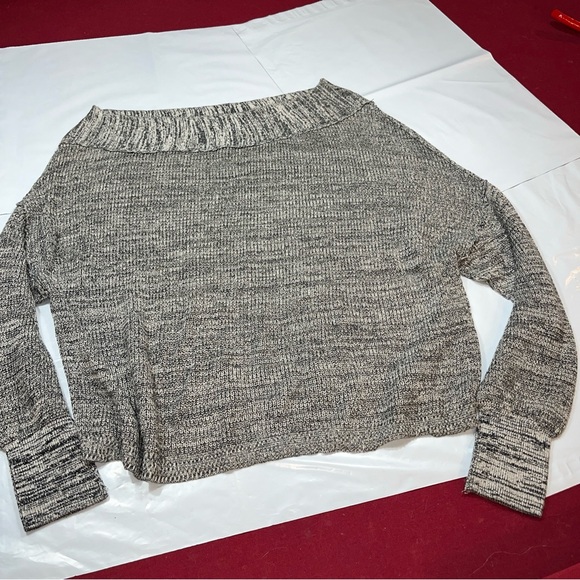 Free People ALANA sweater gray Black OFF Shoulder wide Neck marled XS Oversized - Picture 15 of 16